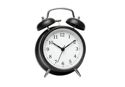 Classic black and white alarm clock with twin bells on a solid black background