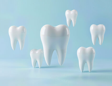 Multiple 3D teeth on turquoise background &mdash; technical illustration