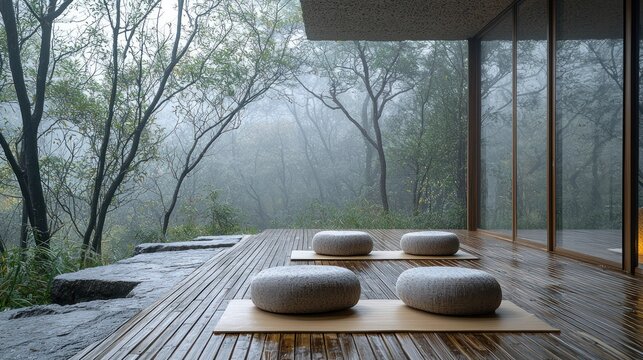 Tranquil meditation deck overlooking misty forest