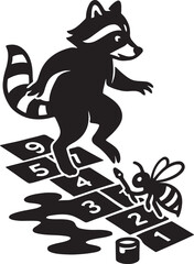 Raccoon Playing Hopscotch Silhouette with Shadow Grid – Whimsical Animal Vector Art