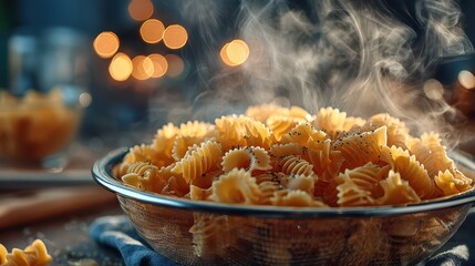 Fresh steaming homemade pasta with boiling hot water steaming in a large glass bowl on a cozy kitchen countertop