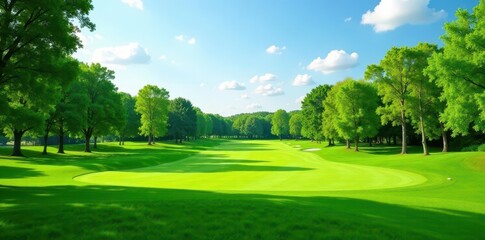 Obraz premium Lush green golf course fairway, trees in background, woods, hole, healthy