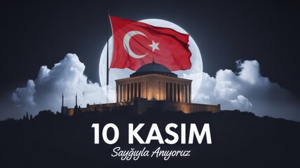 Remembering 10 kasim with turkish flag, building, and moonlit night