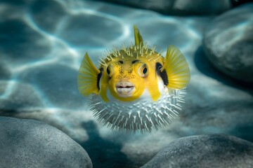Yellow pufferfish with spikes underwater among rocks