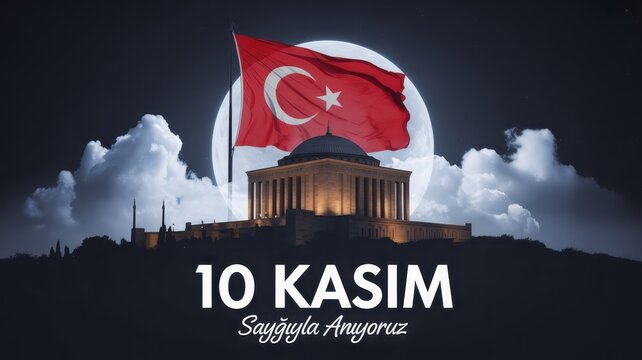 Remembering 10 kasim with turkish flag, building, and moonlit night