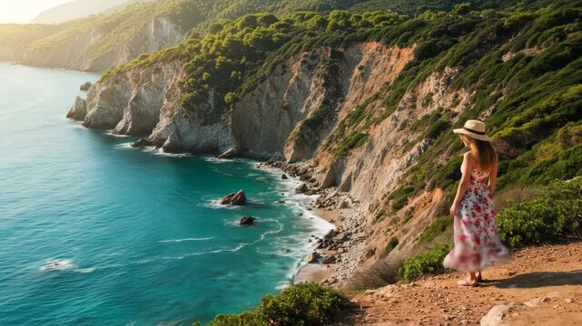 Woman in Floral Dress Admiring Coastal Cliffscape - A young woman in a floral maxi dress and straw hat stands on a cliff overlooking a stunning turquoise sea and dramatic coastal landscape.