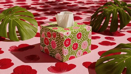 Decorative tissue box amidst tropical leaves and petals