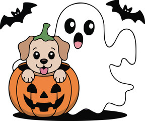Cute Ghost with Puppy in Pumpkin and Bats Halloween Cartoon Illustration