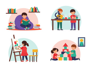 Joyful Childhood Pursuits: Illustrations of children engaged in various activities such as reading, science, art and building. capturing the essence of creativity, learning, and fun.