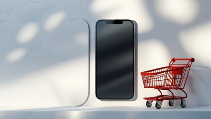 Digital shopping and online retail symbol with smartphone and miniature cart