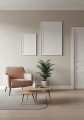 Modern interior design with pink armchair green plant and picture frames creating a cozy and stylish living space