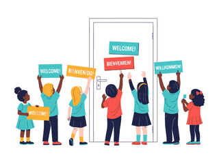 Global Greeting: A diverse group of young children joyfully greet viewers with a chorus of welcome signs in a world of inclusive and welcoming imagery.