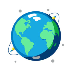 Cartoon earth with orbiting satellite and space debris