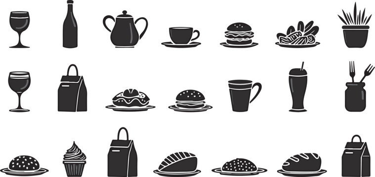 Silhouette set of Food & Beverage Industry icons of wine glasses, coffee cups, fast food, bakery items, and delivery packaging