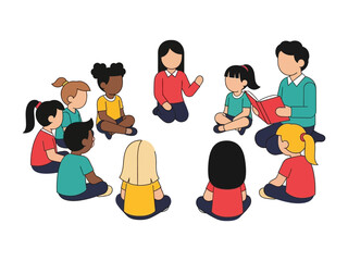 Education through stories: A teacher captivates the attention of a circle of attentive children in a vibrant illustration.