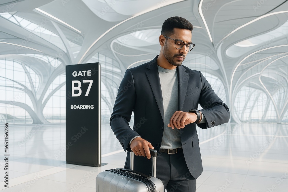 Poster business traveler checking smartwatch near airport gate b7 in futuristic terminal with abstract ligh