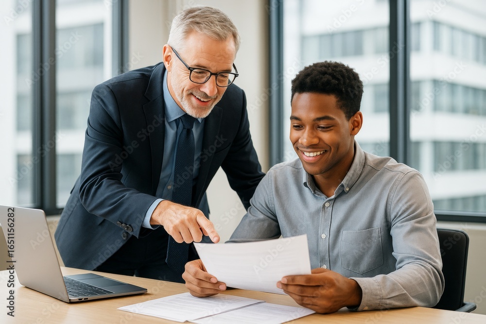Poster smiling mentor and young professional reviewing documents at desk in office with bright window backg