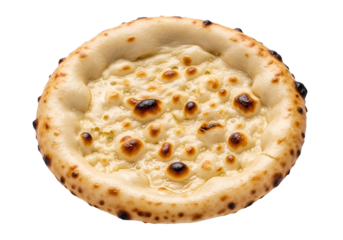 Close-up of a cheesy pizza with a golden-brown crust and bubbly melted cheese on a black background