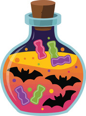 Halloween Potion Bottle with Colorful Candies and Flying Bats Illustration