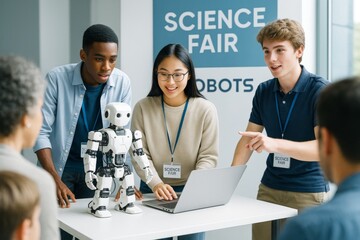 Diverse group of students presenting humanoid robot project at science fair with bright indoor background and educational technology concept. Ai generative