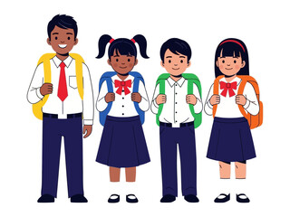Diverse Student Ready for School: A diverse group of elementary students stand ready to embrace their daily lessons, united in their eagerness for knowledge and adventure. 
