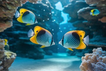 Fototapeta premium Colorful butterflyfish swimming in a vibrant coral reef aquarium