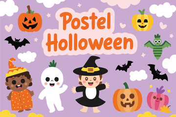 Cute Halloween Poster with Kids in Costumes Pumpkins and Bats Cartoon Illustration