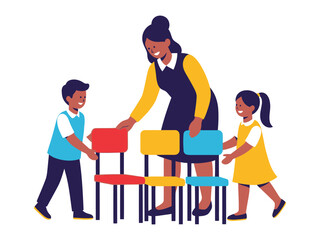 Classroom Collaboration: A heartwarming illustration depicts a teacher and children working together to arrange chairs.