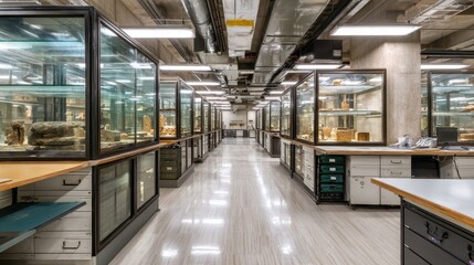 Artifacts in display cases in museum storage. For education or research use