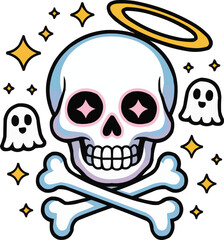 Cute Cartoon Skull with Halo Crossbones Ghosts and Stars Halloween Illustration