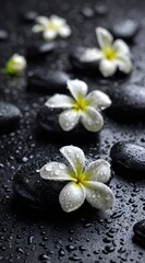 White flowers on dark stones, water droplets
