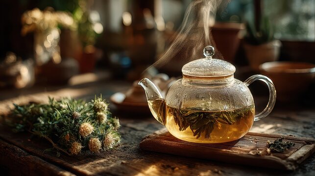 Reflective glass teapot with herbal tea steaming on rustic wooden table in cozy warm kitchen setting - Powered by Adobe