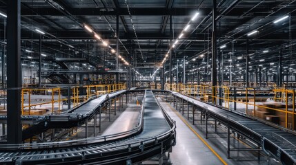 Fototapeta premium Automated conveyor belt system carries boxes in large industrial warehouse. Distribution