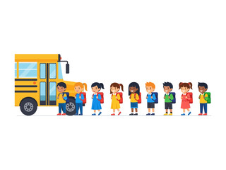School Bus Line: An illustration of children standing in an orderly line beside a vibrant yellow school bus, showcasing the anticipation and journey of a school day. 