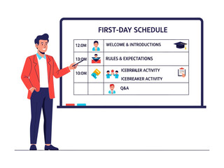 First Day Schedule: A cartoon figure in an office setting gestures toward a whiteboard that outlines the schedule for the first day, highlighting important milestones in a clean and minimalist manner.