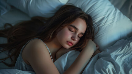 A beautiful young woman with long hair rests serenely in bed, bathed in soft light.