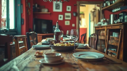 Rustic dining room scene with a wooden table laden with dishes and glasses
