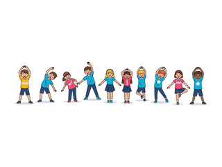 Obraz premium Kids Stretching: A colorful cartoon illustration captures a diverse group of kids of various ages engaging in stretching exercises, emphasizing the importance of health, exercise.