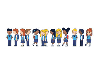 Schoolkids on parade: A vibrant illustration of diverse school children, each with a backpack, standing in a row, representing a welcoming atmosphere for learning and cooperation.