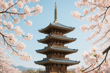 Traditional Japanese pagoda surrounded by cherry blossoms under clear sky during spring season with soft natural light and scenic background. Ai generative
