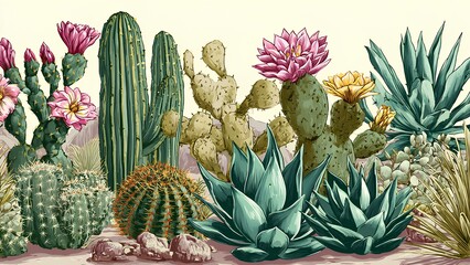 Obraz premium Beautiful Cactus Flower Illustration in Desert Landscape | Succulent and Botanical Art