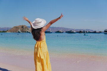 Back view of an excited young Asian woman wearing yellow dress posing on a beach with arms raised.