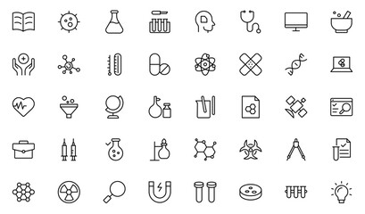 Science and research line icon set. Big UI icon set in a flat design. Thin outline icons pack. Vector illustration. editable stroke