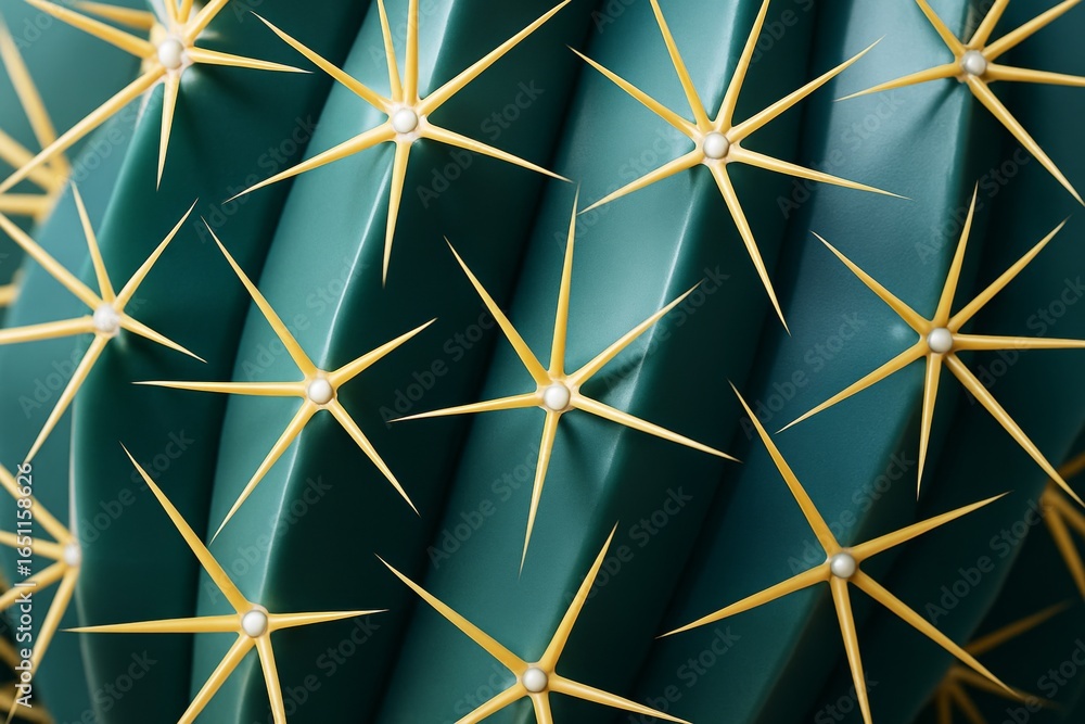 Poster abstract close-up of cactus with geometric green surface and bright yellow symmetrical spines in sof