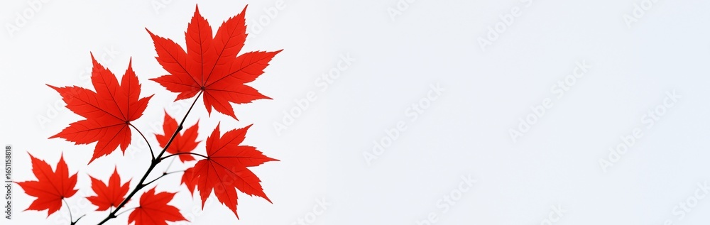 Poster red maple leaves on branch with minimal white background and empty space for text or design template