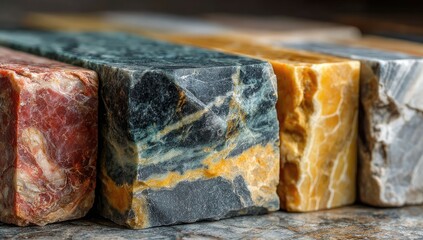 Close-up of polished stone slabs in various colors