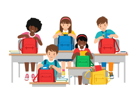 Back to School: A cheerful classroom scene, where a group of diverse children is seen getting ready at their desks. The scene is filled with joy.