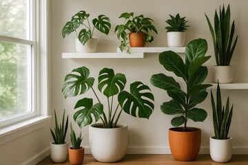 Curated collection of exotic houseplants in modern ceramic planters arranged on white shelving unit, urban jungle interior design inspiration
