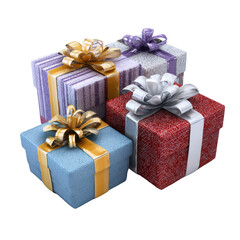 Obraz premium Four Textured Gift Boxes with Colorful Ribbons and Bows on Black Background present birthday, Isolated On White, Png Transparent, Cut Out