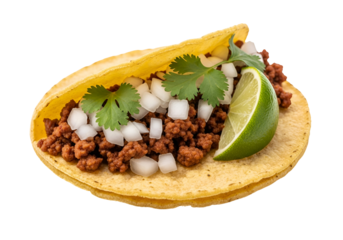 Close-up of a delicious taco filled with seasoned meat, fresh cilantro, chopped onions, and a lime